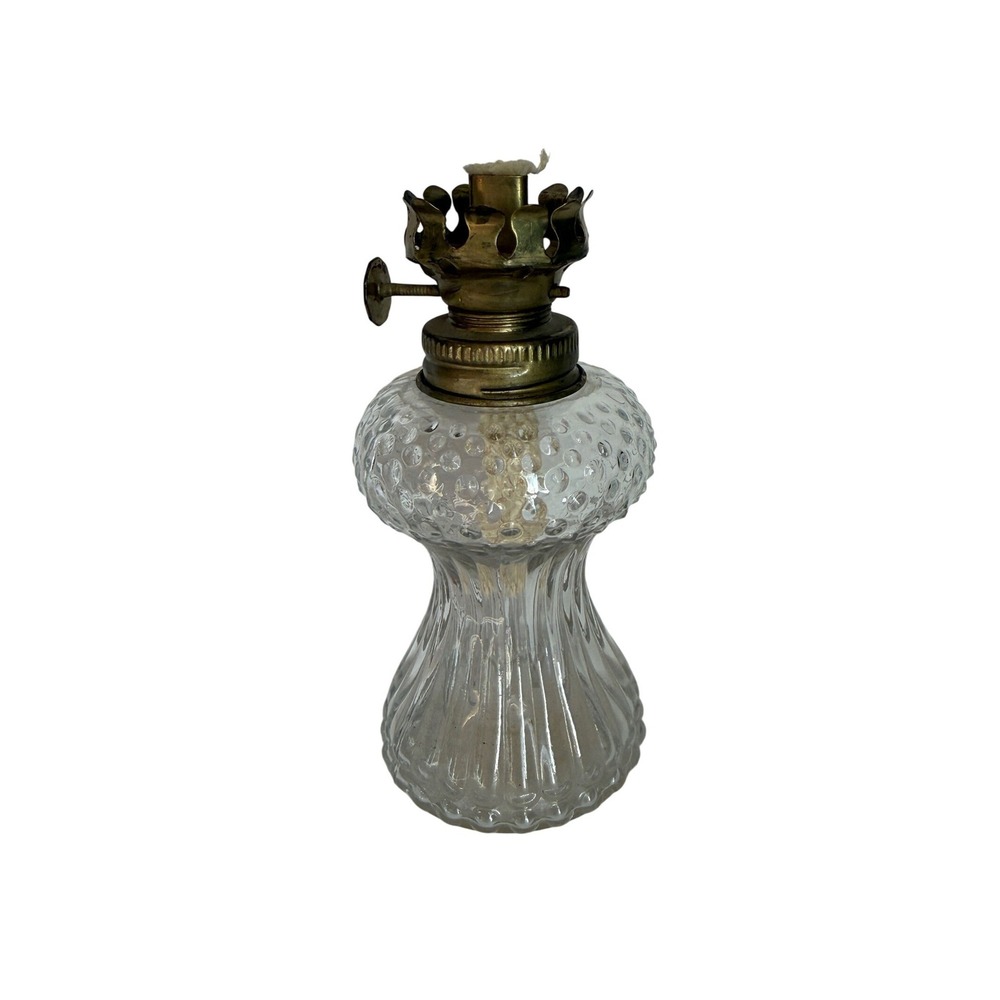 Vintage Clear Hobnail and Fluted Glass Oil Lamp Base with Brass Burner Wick